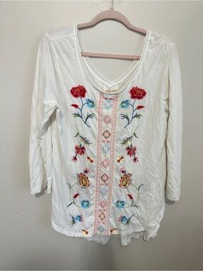 Caite White Embroidered Long-Sleeve V-Neck Tunic